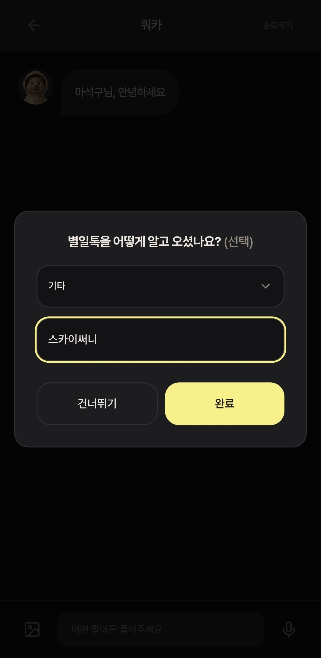 스카이써니 입력 화면